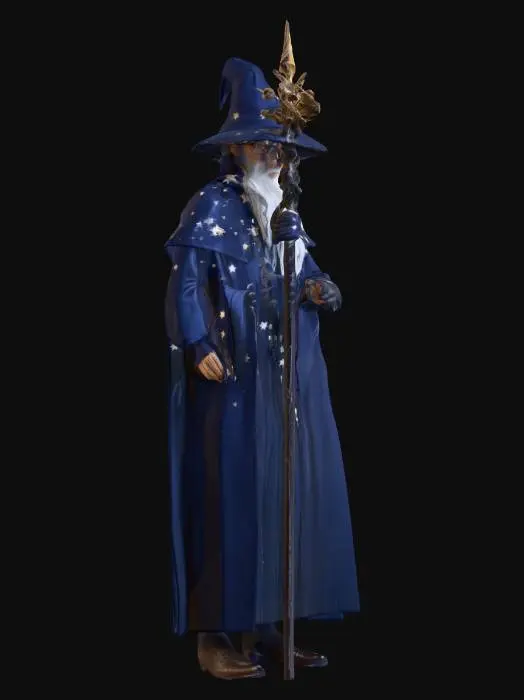 3D model for a very tall, cloaked in navy blue with a very tall hat, wizard holding a staff with stars around him