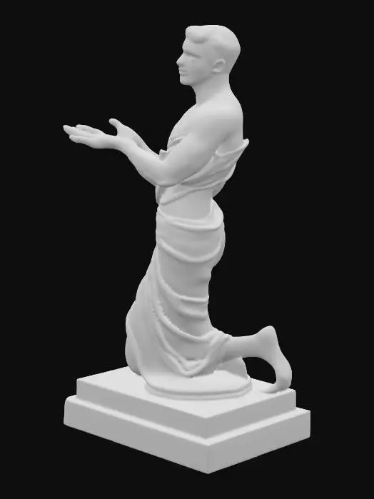 3D model for An Art Deco stylized sculpture depicts a graceful male figure, kneeling reverently with one hand gently extended in an offering gesture. The figure's waistline is elegantly draped in a stylized fabric, its folds adding a subtle texture to the otherwise smooth form. It features a striking two-tone metallic finish, combining warm, polished bronze for the body with cool, reflective silver accents, emphasizing its streamlined, geometric structure and luxurious appeal.