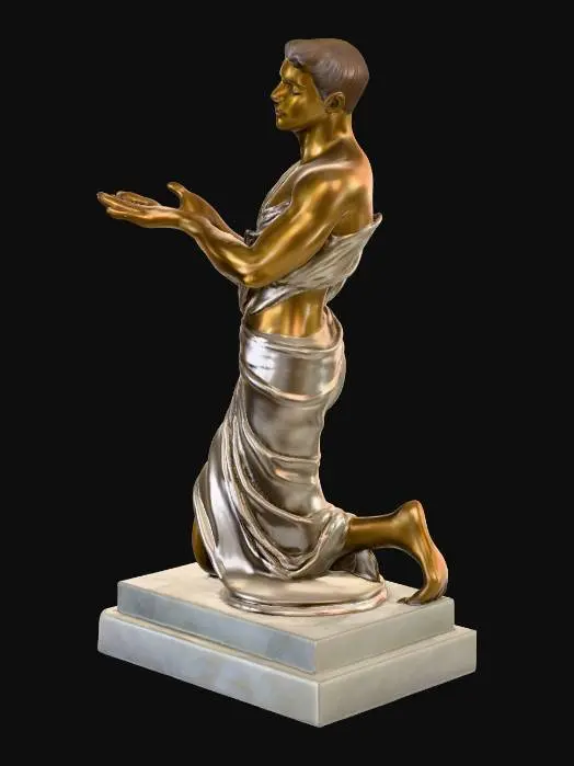 3D model for An Art Deco stylized sculpture depicts a graceful male figure, kneeling reverently with one hand gently extended in an offering gesture. The figure's waistline is elegantly draped in a stylized fabric, its folds adding a subtle texture to the otherwise smooth form. It features a striking two-tone metallic finish, combining warm, polished bronze for the body with cool, reflective silver accents, emphasizing its streamlined, geometric structure and luxurious appeal.