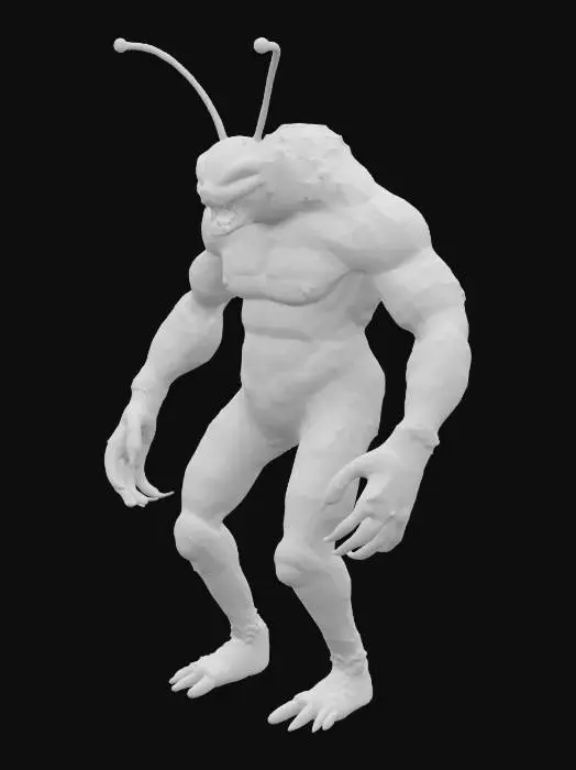 3D model for A grotesque looking humanoid, half man, half bumble bee. Make it look realistic, no wings on this creature but its arms have stingers at the end of it