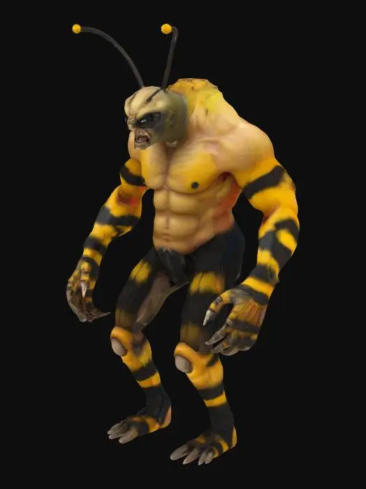 3D model for A grotesque looking humanoid, half man, half bumble bee. Make it look realistic, no wings on this creature but its arms have stingers at the end of it