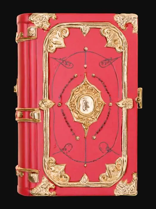 3D model for ortaçağ 2 boyutlu büyü kitabı üzeri kırmızı işlemeli ve yazılı ama yazılar belirgin olsun