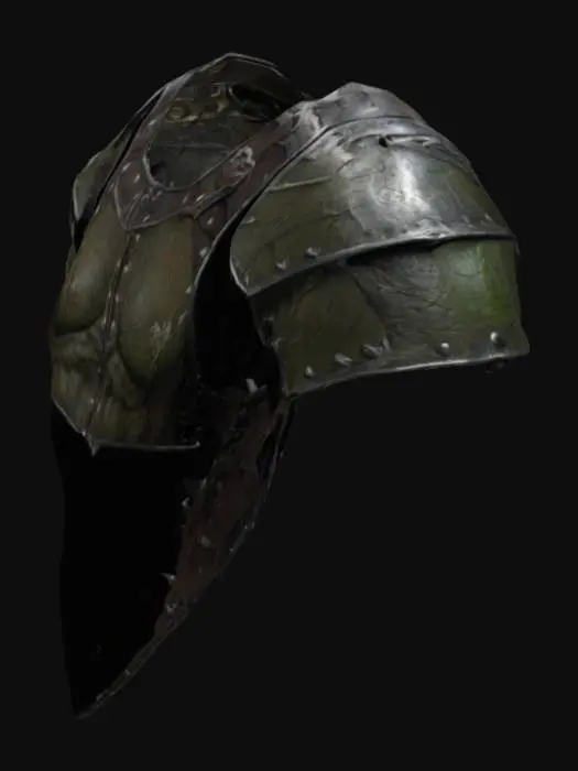 3D model for Est ce que tu peux me generer un plastron  pour homme  de type orc du seigneur des anneaux d une hauteur maximal de 30 cm et d 'une largeur de 30  cm sans pique qui dépasse  mais seulement le plastron ( armure de poitrine)  avec un effet  barre de metal superposé.  Il faut juste le plastron 