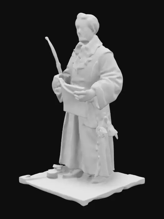 3D model for In 17th-century Lombardy, a cunning lawyer in flamboyant Baroque attire consults with Renzo. With a sly gaze and a deceptive smirk, he gestures toward a messy stack of parchment filled with confusing legal manuscripts. Sly hands clutch a feather quill, ready to manipulate the ink-smeared pages. Leaning back in a cynical stance, he employs calculated distractions and evasive gestures, with a wax seal hinting at the tangled legalities he expertly navigates.
