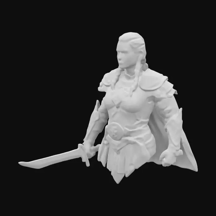 3D model for  a 16th-century warrior woman in a dynamic combat stance. She has a muscular build and wears detailed iron plate armor over chainmail, adorned with Norse knotwork and a raven brooch, along with a wolf-pelt cloak. Her fierce appearance features pale skin, a scar, ice-blue eyes, and ash-streaked auburn braids, set against a frozen battlefield at dawn with mist and trampled snow