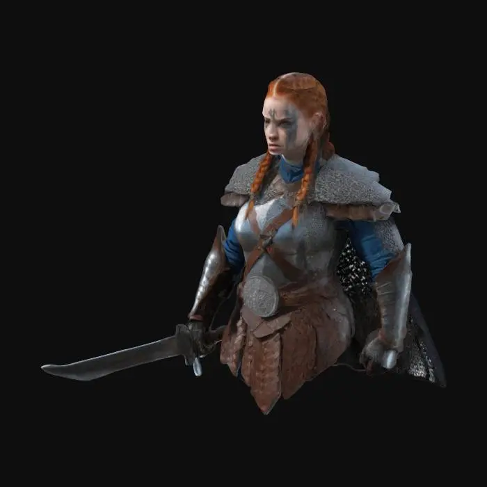 3D model for  a 16th-century warrior woman in a dynamic combat stance. She has a muscular build and wears detailed iron plate armor over chainmail, adorned with Norse knotwork and a raven brooch, along with a wolf-pelt cloak. Her fierce appearance features pale skin, a scar, ice-blue eyes, and ash-streaked auburn braids, set against a frozen battlefield at dawn with mist and trampled snow