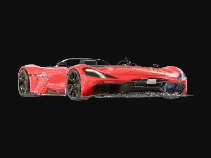 3D model for A sleek, modern sports car, painted in a vibrant, glossy metallic red finish that reflects light intensely. Its aerodynamic structure features sharp lines and aggressive vents, crafted from polished carbon fiber and reinforced steel. The wheels are large, dark alloy rims with low-profile tires, exhibiting a smooth rubber texture. The interior is visible through tinted windows, suggesting plush black leather seats and a high-tech dashboard.