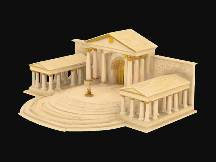 3D model for #AroundTheWorld#

Solomon’s Temple

 A grand ancient structure with white stone walls and gold accents. Include a large courtyard, tall columns at the entrance, and an elaborately decorated doorway. 

  The interior should feature the Holy Place with a golden altar, table for showbread, and Menorah, along with the Holy of Holies, where the Ark of the Covenant rests, surrounded by golden walls and intricate carvings of cherubim, palm trees, and flowers. 

  The design should emphasize symmetry, gold inlays, and a divine, sacred atmosphere with natural lighting that reflects the temple's grandeur and sanctity

High Detail and design, biblical accuracy,  Construct outter courtyard and inner Temple,  allow inside of temple and inner rooms to be shown.