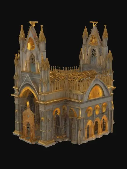 3D model for #arch#,  create a highly detailed and eccentric architectural arch for a roman cathedral,  something high lightly gothic and mid century design, Medieval, Fantasy, Gold, Gemstone, Ultra Realistic, Highly Detailed