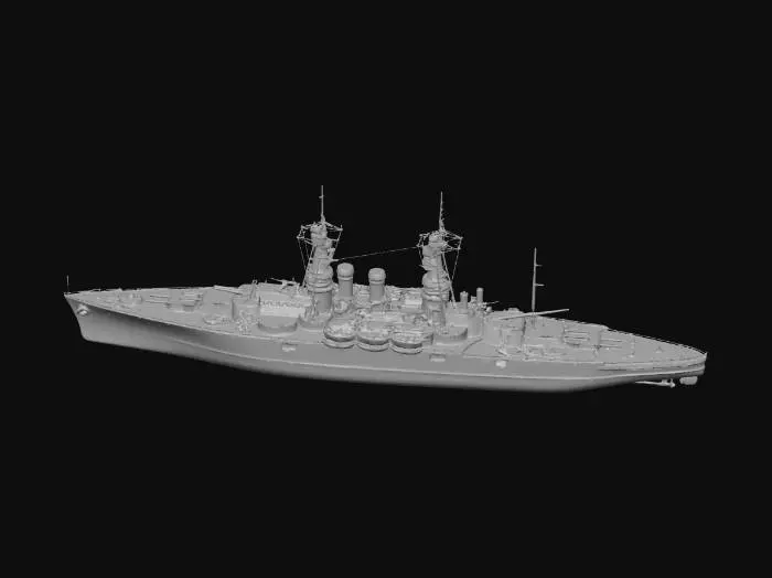 3D model for “High-accuracy 3D model of the WWII German battleship Tirpitz (Bismarck-class), authentic 1942–1944 configuration. Realistic naval scale and proportions. Armament includes 8 × 38 cm SK C/34 main guns in four twin turrets, 12 × 15 cm SK C/28 secondary guns in six twin turrets, 16 × 10.5 cm dual-purpose AA guns, 16 × 3.7 cm AA guns, 58 × 2 cm AA guns. Detailed superstructure with armored conning tower, rangefinders, radar arrays, funnels, cranes, catapults, and seaplane deck. Neutral materials, no weathering exaggeration, no stylization, clean topology, suitable for game conversion. No text, no scene, no background.”