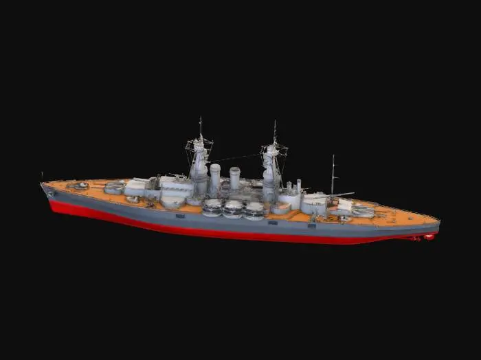 3D model for “High-accuracy 3D model of the WWII German battleship Tirpitz (Bismarck-class), authentic 1942–1944 configuration. Realistic naval scale and proportions. Armament includes 8 × 38 cm SK C/34 main guns in four twin turrets, 12 × 15 cm SK C/28 secondary guns in six twin turrets, 16 × 10.5 cm dual-purpose AA guns, 16 × 3.7 cm AA guns, 58 × 2 cm AA guns. Detailed superstructure with armored conning tower, rangefinders, radar arrays, funnels, cranes, catapults, and seaplane deck. Neutral materials, no weathering exaggeration, no stylization, clean topology, suitable for game conversion. No text, no scene, no background.”