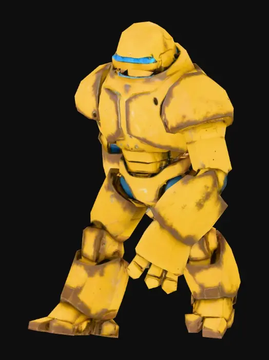 3D model for 生成一个比较结实的战斗机器人设计，不需要背景，T-pos，手上不需要拿任何东西。脖子短，头半球型，身体采用更多的圆形。偏土黄色，暗黄色