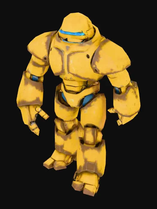 3D model for 生成一个比较结实的战斗机器人设计，不需要背景，T-pos，手上不需要拿任何东西。脖子短，头半球型，身体采用更多的圆形。偏土黄色，暗黄色