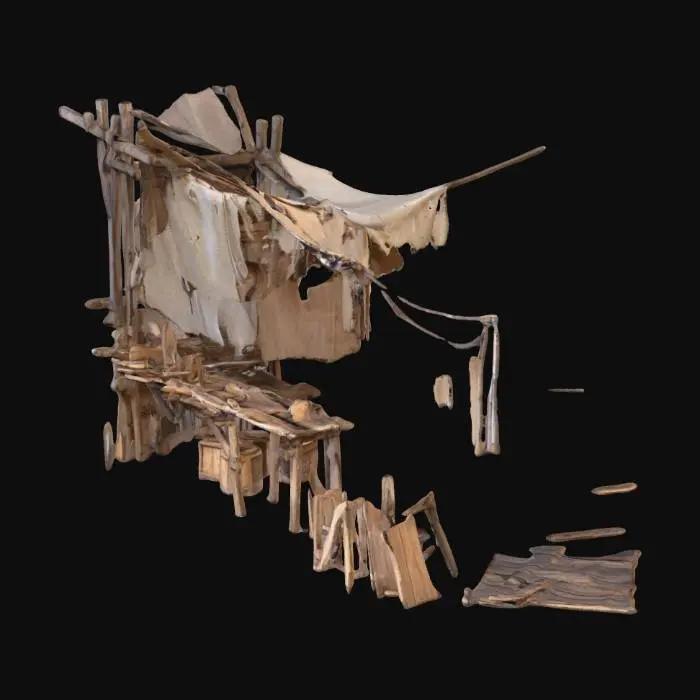 3D model for broken down medieval market stall with torn canopy, broken wooden boards