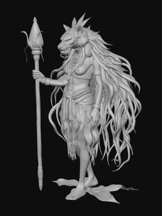 3D model for bir anne. kızı kızl saçlı oğlu kuzgun başlı. mısır mitolojisi. elinde asa. yüzü kaplan ve gözleri kızıl .