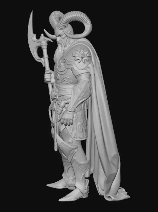 3D model for fantastik mısır. koç miğferli altın zırhlı general. elinde mistik bir balta.