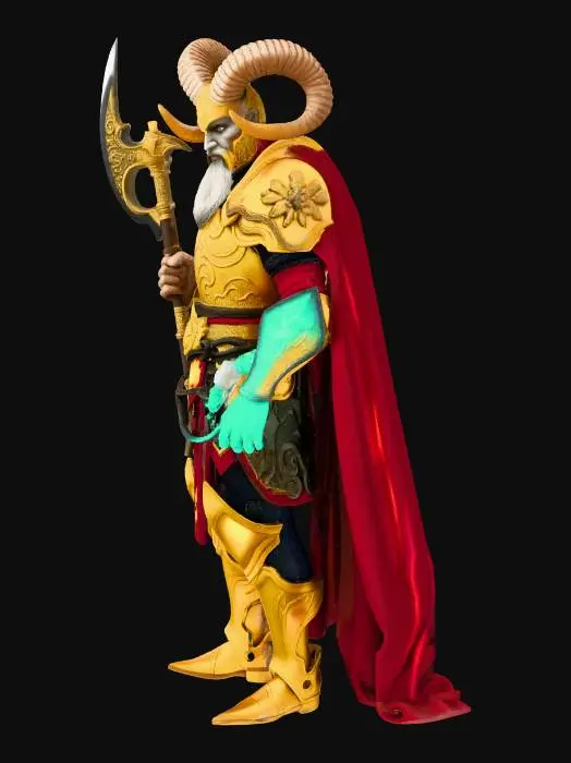 3D model for fantastik mısır. koç miğferli altın zırhlı general. elinde mistik bir balta.