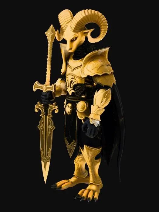 3D model for fantastik mısır. koç miğferli altın zırhlı general. elinde mistik bir kılıç.