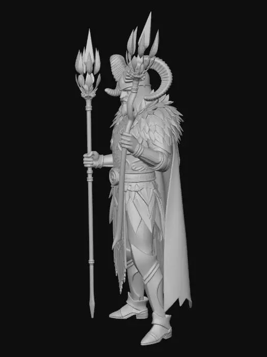 3D model for fantastik mısır mitolojisi. koç miğferli altın zırhlı general. elinde mistik bir mızrak.