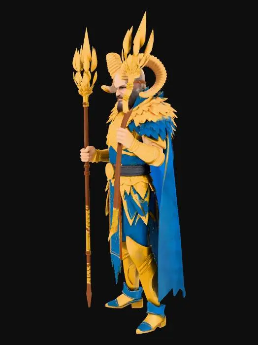 3D model for fantastik mısır mitolojisi. koç miğferli altın zırhlı general. elinde mistik bir mızrak.