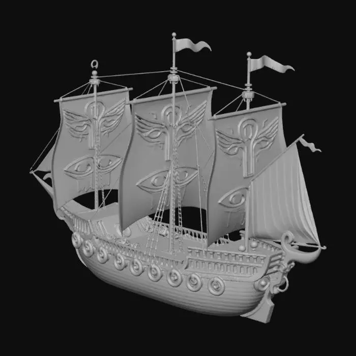 3D model for büyük ihtişamlı mısır mitolojisini hissettiren horusun gözlerinin yelkenlerinde belirgin olarak görünen bir general gemisi. her iki kenarında çapa simgesi olsun. ön direğinde bir yılan simgesi.