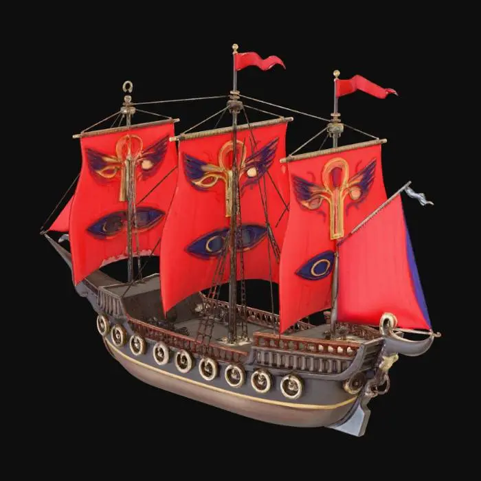 3D model for büyük ihtişamlı mısır mitolojisini hissettiren horusun gözlerinin yelkenlerinde belirgin olarak görünen bir general gemisi. her iki kenarında çapa simgesi olsun. ön direğinde bir yılan simgesi.