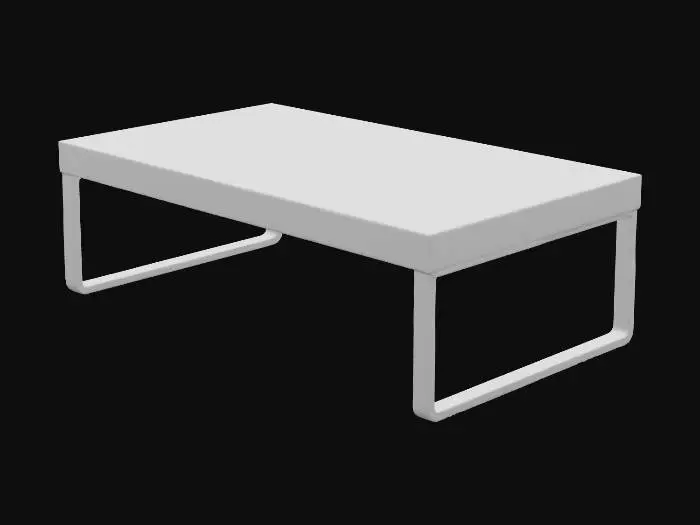 3D model for A modern coffee table, rectangular in shape with clean, sharp edges. Its tabletop is a smooth, polished dark walnut, revealing a rich, intricate grain pattern that feels cool and hard to the touch. The table is supported by sturdy, cylindrical legs made of brushed black metal, providing a sleek contrast to the wood. The metal has a slightly matte finish, offering a subtle texture, while the overall structure is robust and grounded.