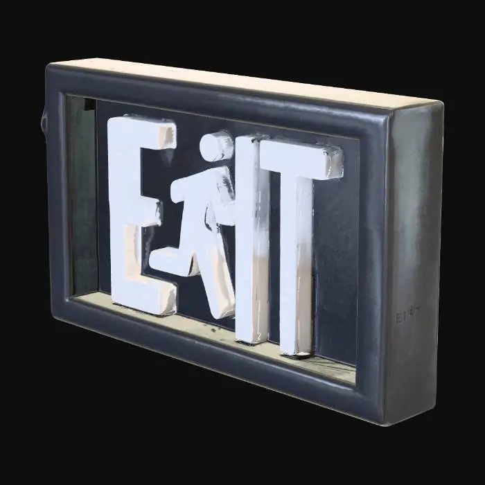 3D model for A sleek, rectangular exit sign, crafted from smooth, rigid black plastic with a slightly matte finish, feeling cool and firm to the touch. Centered on its surface are bold, white sans-serif "EXIT" letters, accompanied by a dynamic white stick figure silhouette. This stylized figure is captured mid-stride, conveying forward motion rather than urgency. The overall design is clean and modern, providing a clear directional cue with an understated graphic element and a crisp visual contrast.