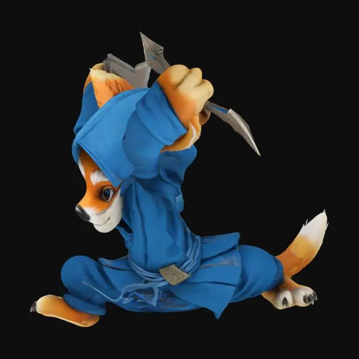 3D model for crea un perro ninja, con shurikens en las manos, posicion de ataque y traje ninja azul
