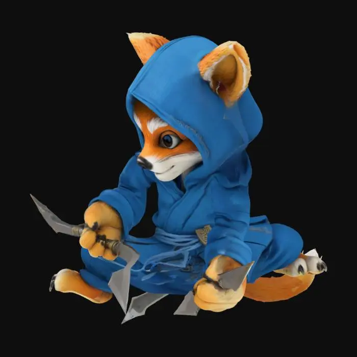 3D model for crea un perro ninja, con shurikens en las manos, posicion de ataque y traje ninja azul
