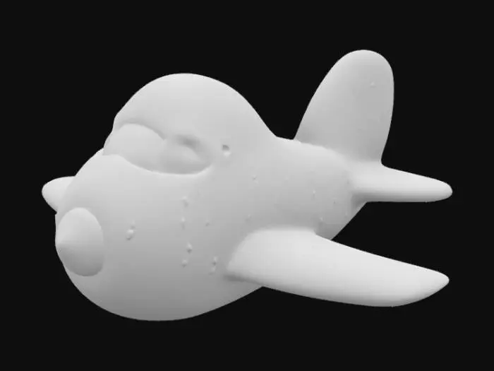 3D model for Playful airplane made of marshmallow material with soft, puffy surfaces, featuring rounded wings and cloud-like texture. Smooth, matte finish with subtle dimpled details, stylized cartoon proportions
