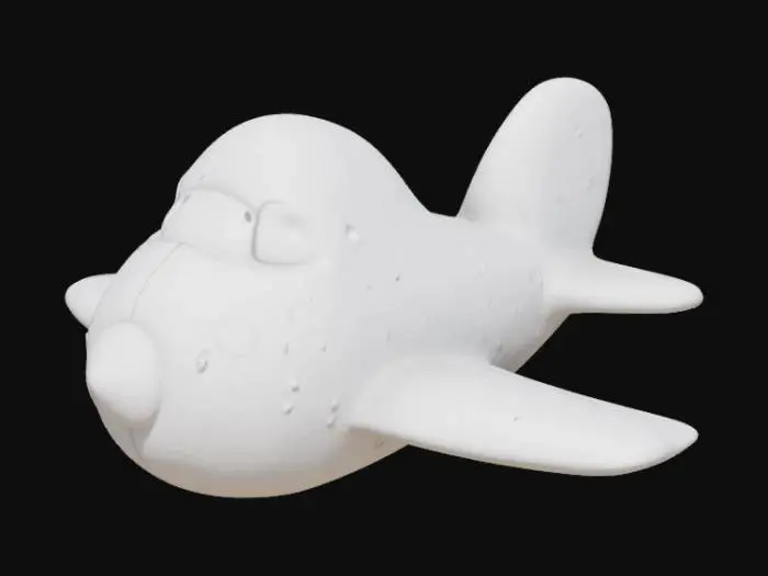 3D model for Playful airplane made of marshmallow material with soft, puffy surfaces, featuring rounded wings and cloud-like texture. Smooth, matte finish with subtle dimpled details, stylized cartoon proportions