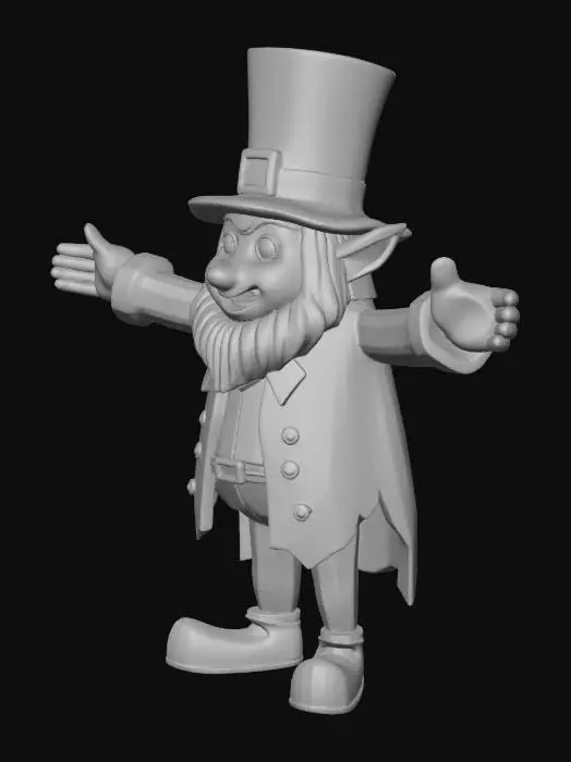 3D model for an angry yelling leprechaun with his mouth open, he has dark brown skin and an afro under his hat. he is wearing a gold chain necklace with a gold coin pendant on it.