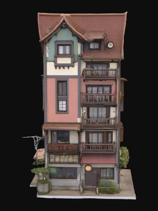 3D model for A five-story residential building in the Ghibli style with a length-to-width ratio of 16:9.