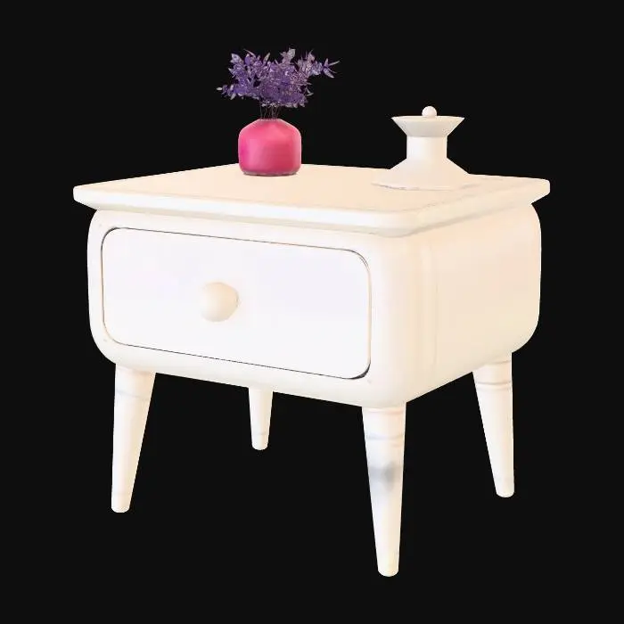 3D model for Create a stylized 3D bedside table inspired by the long white nightstand from Andy’s bedroom in Toy Story (1995 Pixar style). Rectangular and slightly elongated (width 1.8x height). Matte warm white paint (#F5F5F5), smooth painted wood, no visible grain. Soft rounded edges, subtle bevels, clean simple geometry. Four straight cylindrical legs, slightly tapered, placed near corners, legs ≈40% of total height. One wide centered drawer with small rounded white knob. Child-friendly proportions, cartoon realism, early Pixar aesthetic. Soft ambient occlusion, clean topology, game-ready mesh, isolated object, no background.