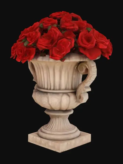 3D model for Giardino Urn, Antique Stone with red roses planted in side in dirt clean low poly 