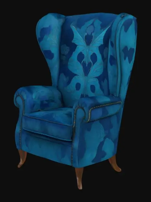3D model for low poly Art Nouveau wingback chair with butterfly style and blue velvet cloth 