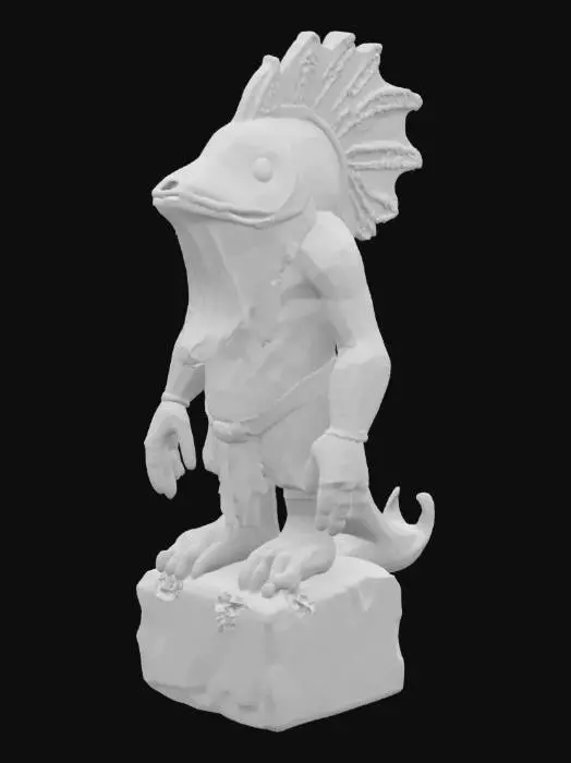 3D model for Low poly ancient sea statue of a humanoid fish man, made of aged stone with rough erosion patterns, scaled skin texture along limbs and torso, webbed hands and fin-like crests on head and back, hollow eyes and solemn expression, Sumerian-inspired carvings faintly etched into chest and shoulders, covered in scattered barnacles, coral growth, and patches of sea moss, statue standing upright on broken stone pedestal, photorealistic texture with underwater weathering, isolated on a pure white background, #ocean#