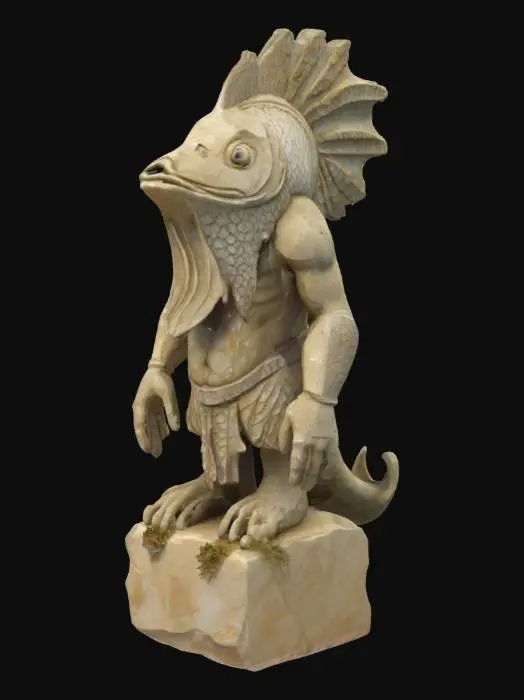 3D model for Low poly ancient sea statue of a humanoid fish man, made of aged stone with rough erosion patterns, scaled skin texture along limbs and torso, webbed hands and fin-like crests on head and back, hollow eyes and solemn expression, Sumerian-inspired carvings faintly etched into chest and shoulders, covered in scattered barnacles, coral growth, and patches of sea moss, statue standing upright on broken stone pedestal, photorealistic texture with underwater weathering, isolated on a pure white background, #ocean#