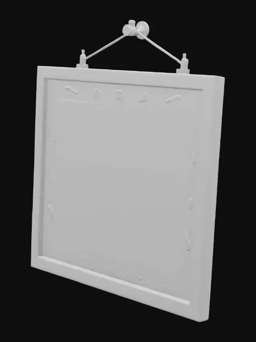3D model for very low poly photo clickable display board with blank photo links on cork board with old weather wood dusty frame with name printed on wood saying Memory Board with dark brown paper on the back with old paper tape starting to fall off and a old green copper wire on the back to help hang it on the wall the cork board is old and has some coffee stains on it with a date on the back saying 1960