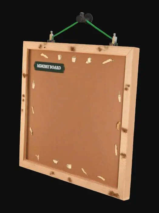 3D model for very low poly photo clickable display board with blank photo links on cork board with old weather wood dusty frame with name printed on wood saying Memory Board with dark brown paper on the back with old paper tape starting to fall off and a old green copper wire on the back to help hang it on the wall the cork board is old and has some coffee stains on it with a date on the back saying 1960