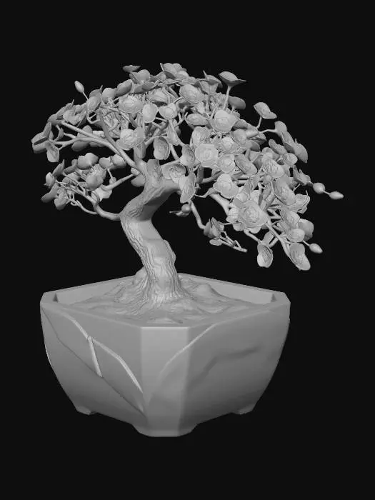 3D model for A photorealistic Art Deco bonsai pot sits centered in the frame, crafted from smooth, high‑fired ceramic with a subtle ivory glaze that catches soft studio light. Its silhouette is distinctly Deco—low, wide, and geometric, with stepped contours and clean, symmetrical lines that give it a sense of architectural precision. Thin bands of glossy black inlay trace the edges and corners, forming streamlined chevrons and sunburst motifs that echo the glamour of the 1920s.
Along one side of the pot, a stylized Art Deco cherry tree is integrated as a raised bas‑relief. The trunk is simplified into elegant, angular segments, almost like carved stonework, while the branches sweep outward in rhythmic, geometric arcs. The blossoms are rendered as circular medallions—minimal, symmetrical, and metallic