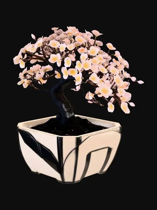 3D model for A photorealistic Art Deco bonsai pot sits centered in the frame, crafted from smooth, high‑fired ceramic with a subtle ivory glaze that catches soft studio light. Its silhouette is distinctly Deco—low, wide, and geometric, with stepped contours and clean, symmetrical lines that give it a sense of architectural precision. Thin bands of glossy black inlay trace the edges and corners, forming streamlined chevrons and sunburst motifs that echo the glamour of the 1920s.
Along one side of the pot, a stylized Art Deco cherry tree is integrated as a raised bas‑relief. The trunk is simplified into elegant, angular segments, almost like carved stonework, while the branches sweep outward in rhythmic, geometric arcs. The blossoms are rendered as circular medallions—minimal, symmetrical, and metallic