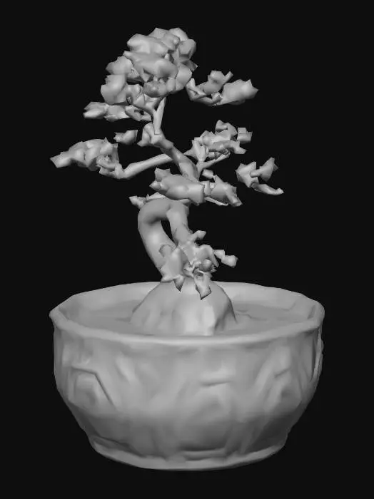 3D model for A photorealistic Art Deco bonsai pot sits centered in the frame, presented with the calm precision of an object designed to function as both vessel and sculpture. Crafted from smooth, high‑fired ceramic, the pot carries an ivory glaze that catches soft studio light in gentle, diffused highlights. The glaze has a quiet sheen—subtle, balanced, and luminous—allowing reflections to move across the surface without overwhelming its form. This interplay of light and ceramic immediately conveys craftsmanship, giving the pot a refined presence suited to a curated interior or a gallery‑style setting.
Its silhouette is distinctly Art Deco: low, wide, geometric, and grounded with an architectural sense of weight. The contours step inward and outward in measured tiers, creating a rhythmic sequence