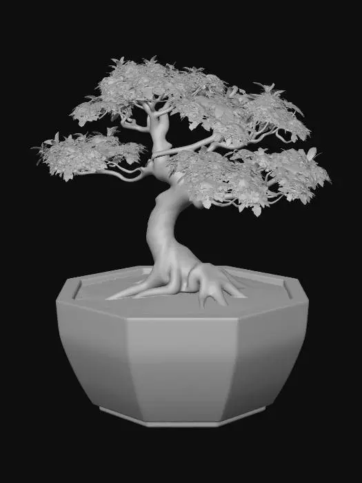 3D model for A photorealistic Art Deco bonsai pot sits centered in the frame, presented with the calm precision of an object designed to function as both vessel and sculpture. Crafted from smooth, high‑fired ceramic, the pot carries an ivory glaze that catches soft studio light in gentle, diffused highlights. The glaze has a quiet sheen—subtle, balanced, and luminous—allowing reflections to move across the surface without overwhelming its form. This interplay of light and ceramic immediately conveys craftsmanship, giving the pot a refined presence suited to a curated interior or a gallery‑style setting.
Its silhouette is distinctly Art Deco: low, wide, geometric, and grounded with an architectural sense of weight. The contours step inward and outward in measured tiers, creating a rhythmic sequence