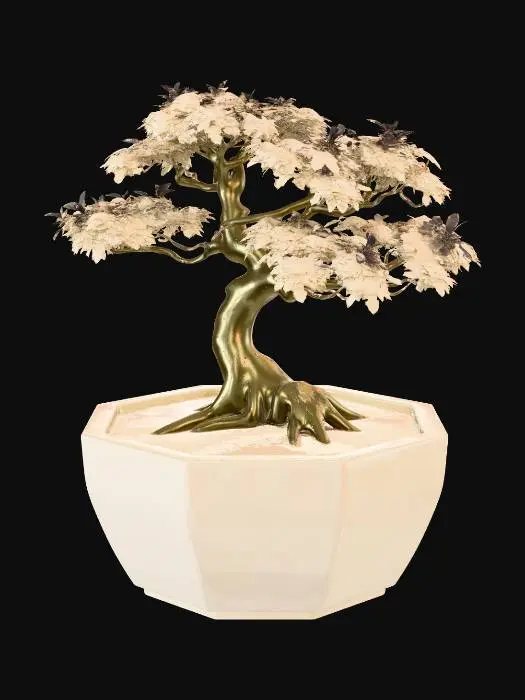 3D model for A photorealistic Art Deco bonsai pot sits centered in the frame, presented with the calm precision of an object designed to function as both vessel and sculpture. Crafted from smooth, high‑fired ceramic, the pot carries an ivory glaze that catches soft studio light in gentle, diffused highlights. The glaze has a quiet sheen—subtle, balanced, and luminous—allowing reflections to move across the surface without overwhelming its form. This interplay of light and ceramic immediately conveys craftsmanship, giving the pot a refined presence suited to a curated interior or a gallery‑style setting.
Its silhouette is distinctly Art Deco: low, wide, geometric, and grounded with an architectural sense of weight. The contours step inward and outward in measured tiers, creating a rhythmic sequence