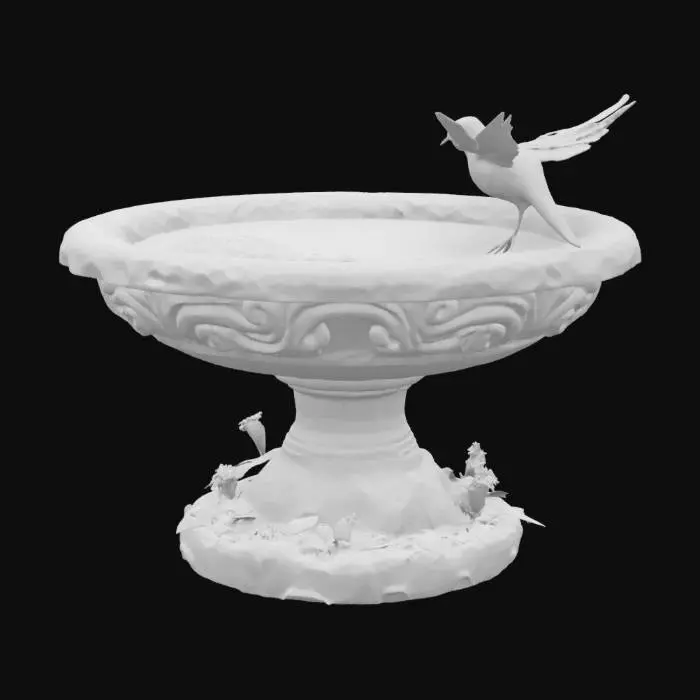 3D model for Old stone bird bath of mosey covered red sandstone with flowers at the base and a old brass wind up bird on top with water flowing out of its beak
