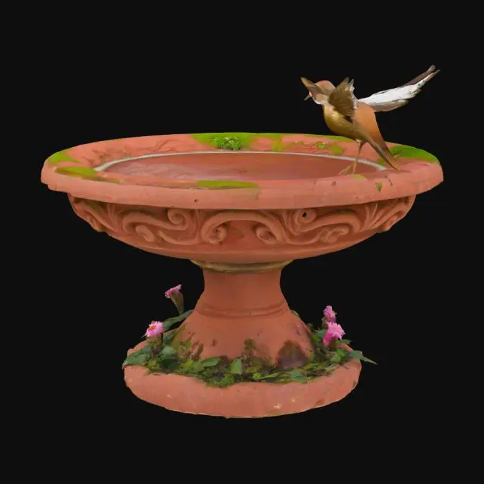 3D model for Old stone bird bath of mosey covered red sandstone with flowers at the base and a old brass wind up bird on top with water flowing out of its beak
