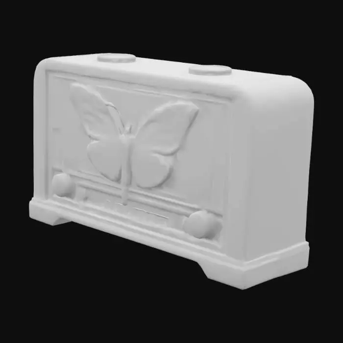 3D model for very low poly fine vintage wood case art deco radio with a butterfly in inlaid painted wood and little shine on case