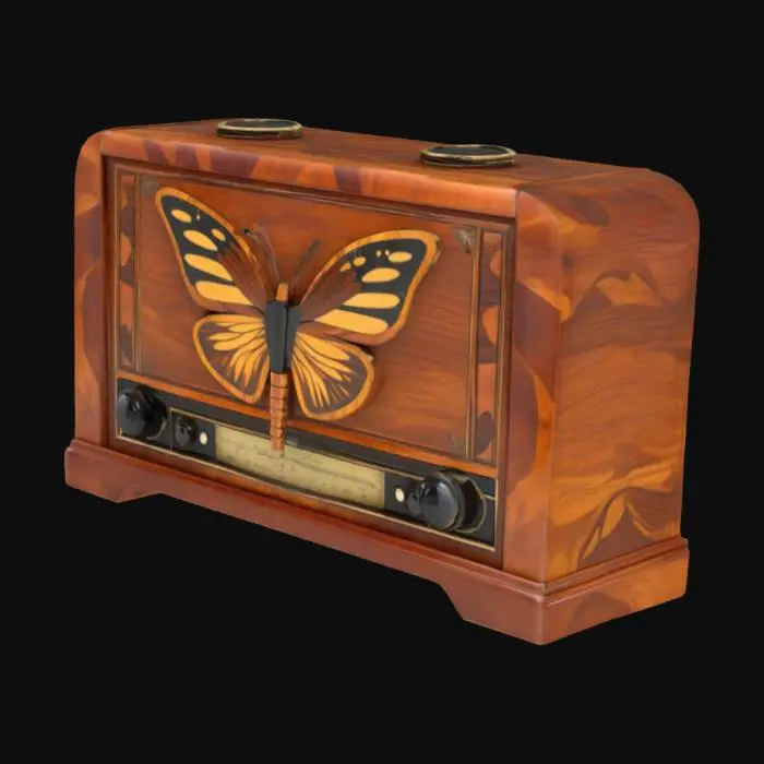 3D model for very low poly fine vintage wood case art deco radio with a butterfly in inlaid painted wood and little shine on case